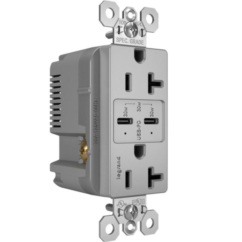 radiant 20A Tamper Resistant Outlet with PLUS Power Delivery USB Type C/C, Gray