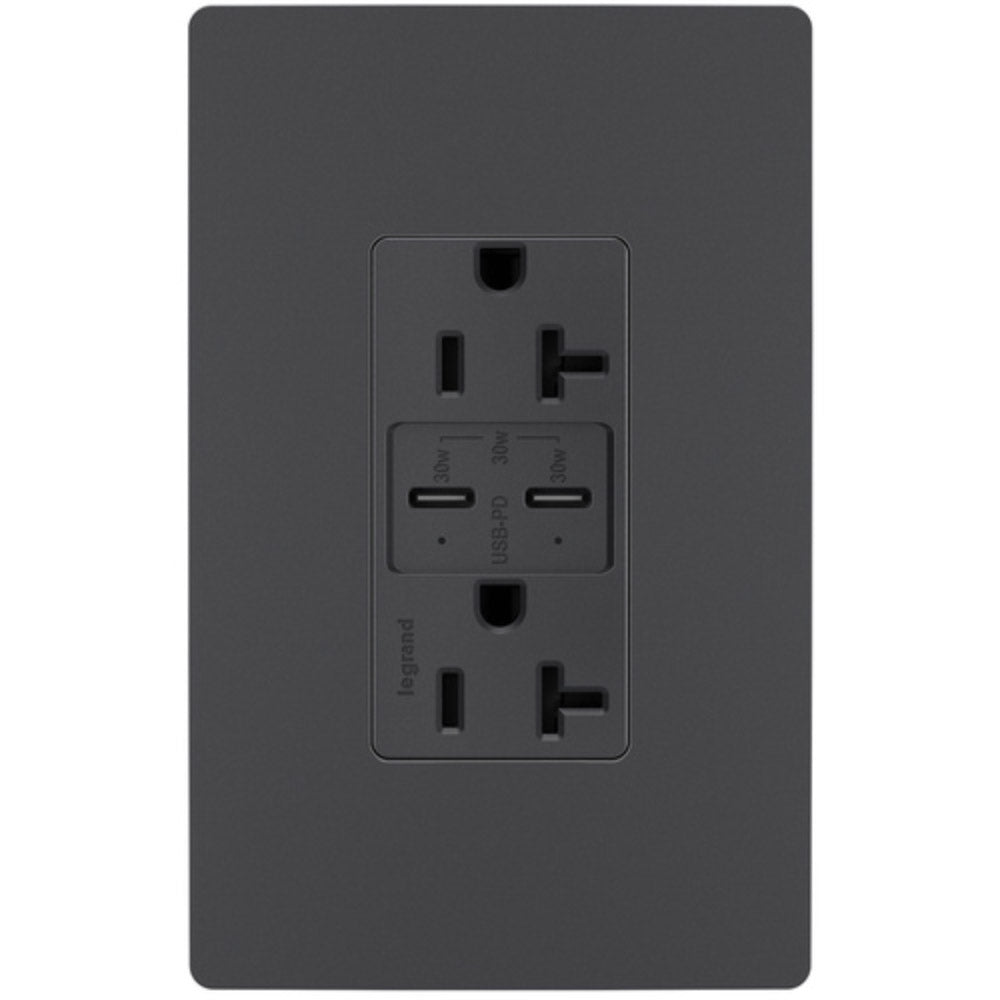 radiant 20A Tamper Resistant Outlet with PLUS Power Delivery USB Type C/C, Graphite - Bees Lighting