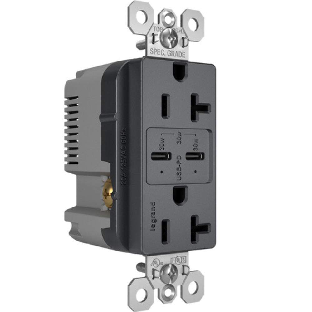 radiant 20A Tamper Resistant Outlet with PLUS Power Delivery USB Type C/C, Graphite - Bees Lighting