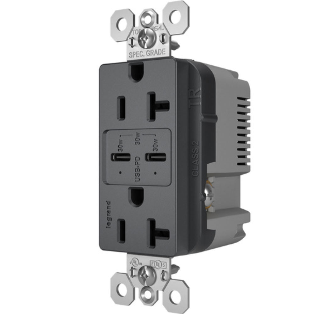 radiant 20A Tamper Resistant Outlet with PLUS Power Delivery USB Type C/C, Graphite - Bees Lighting
