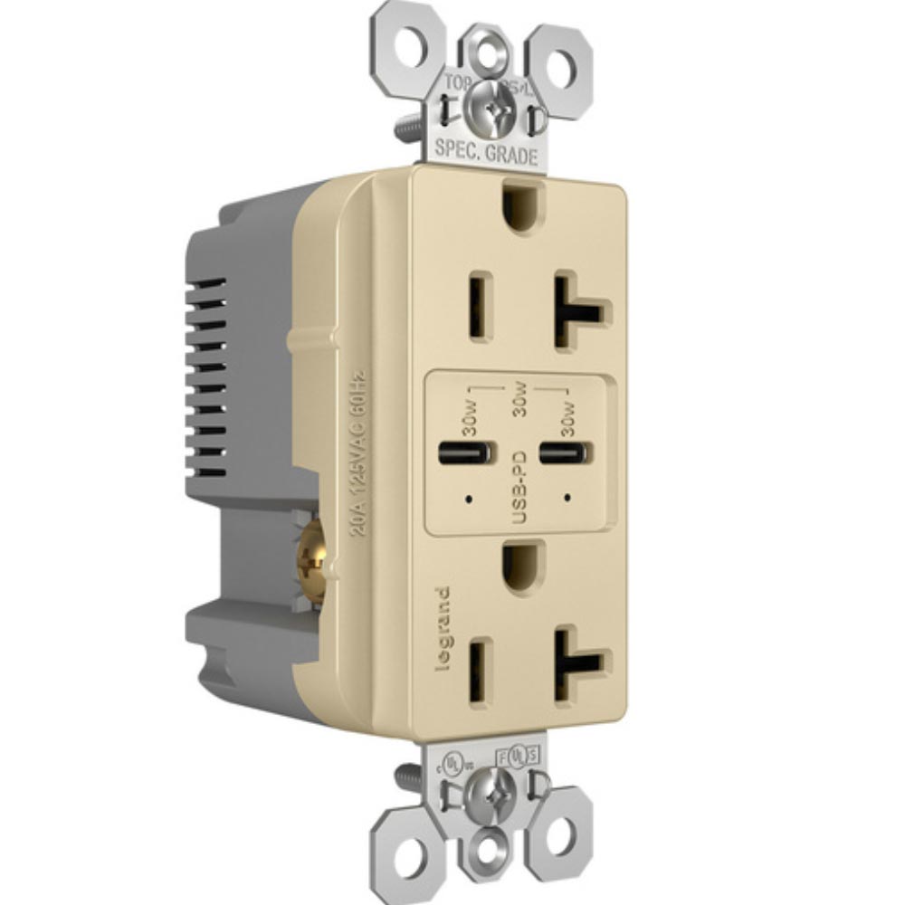 radiant 20A Tamper Resistant Outlet with PLUS Power Delivery USB Type C/C, Ivory - Bees Lighting