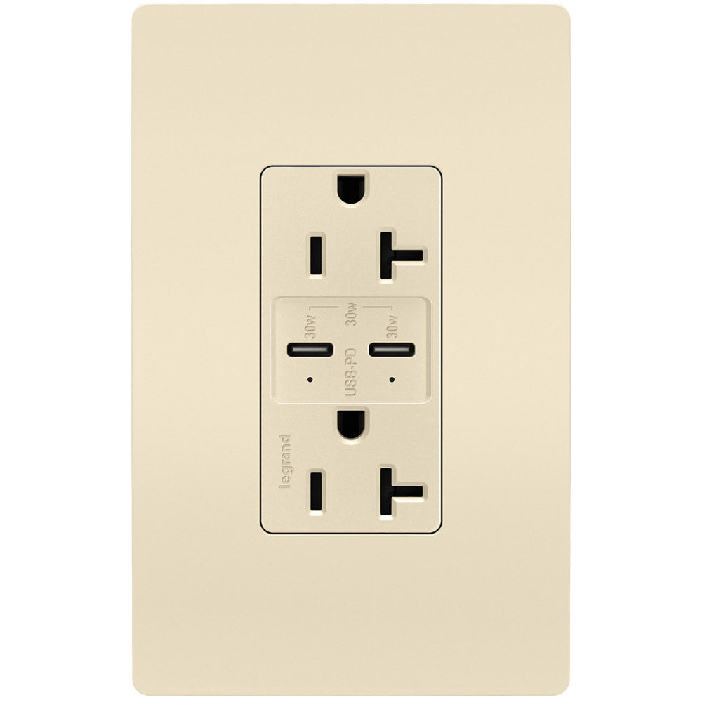 radiant 20A Tamper Resistant Outlet with PLUS Power Delivery USB Type C/C, Light Almond - Bees Lighting