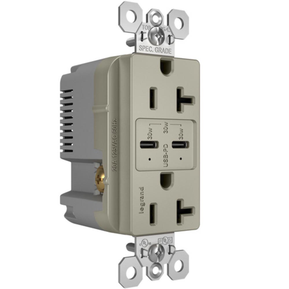 radiant 20A Tamper Resistant Outlet with PLUS Power Delivery USB Type C/C, Nickel - Bees Lighting