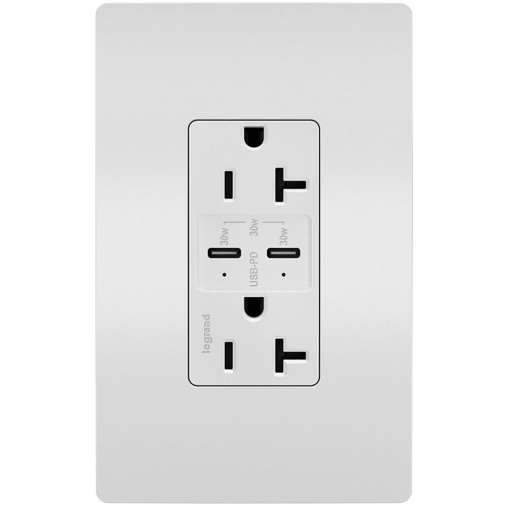 radiant 20A Tamper Resistant Outlet with PLUS Power Delivery USB Type C/C, White - Bees Lighting