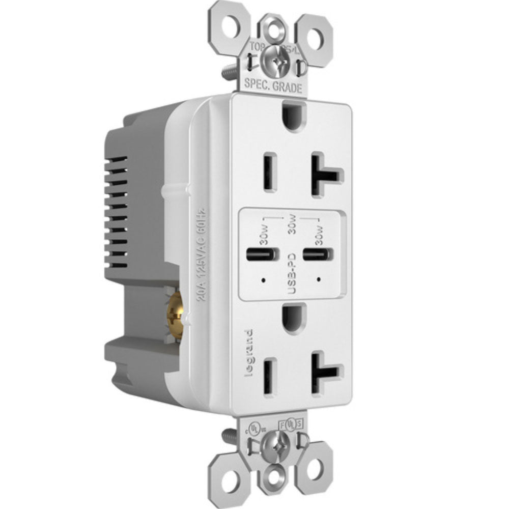 radiant 20A Tamper Resistant Outlet with PLUS Power Delivery USB Type C/C, White - Bees Lighting