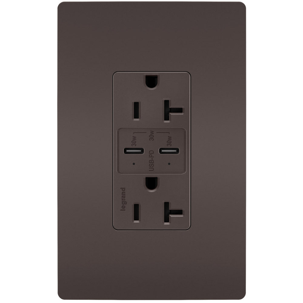 radiant 20A Tamper Resistant Outlet with PLUS Power Delivery USB Type C/C, Brown - Bees Lighting