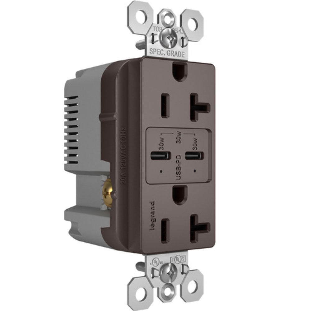 radiant 20A Tamper Resistant Outlet with PLUS Power Delivery USB Type C/C, Brown - Bees Lighting