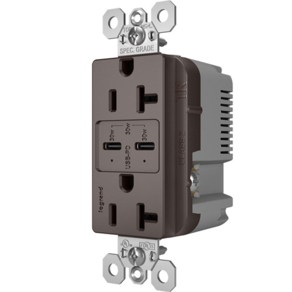 radiant 20A Tamper Resistant Outlet with PLUS Power Delivery USB Type C/C, Brown - Bees Lighting