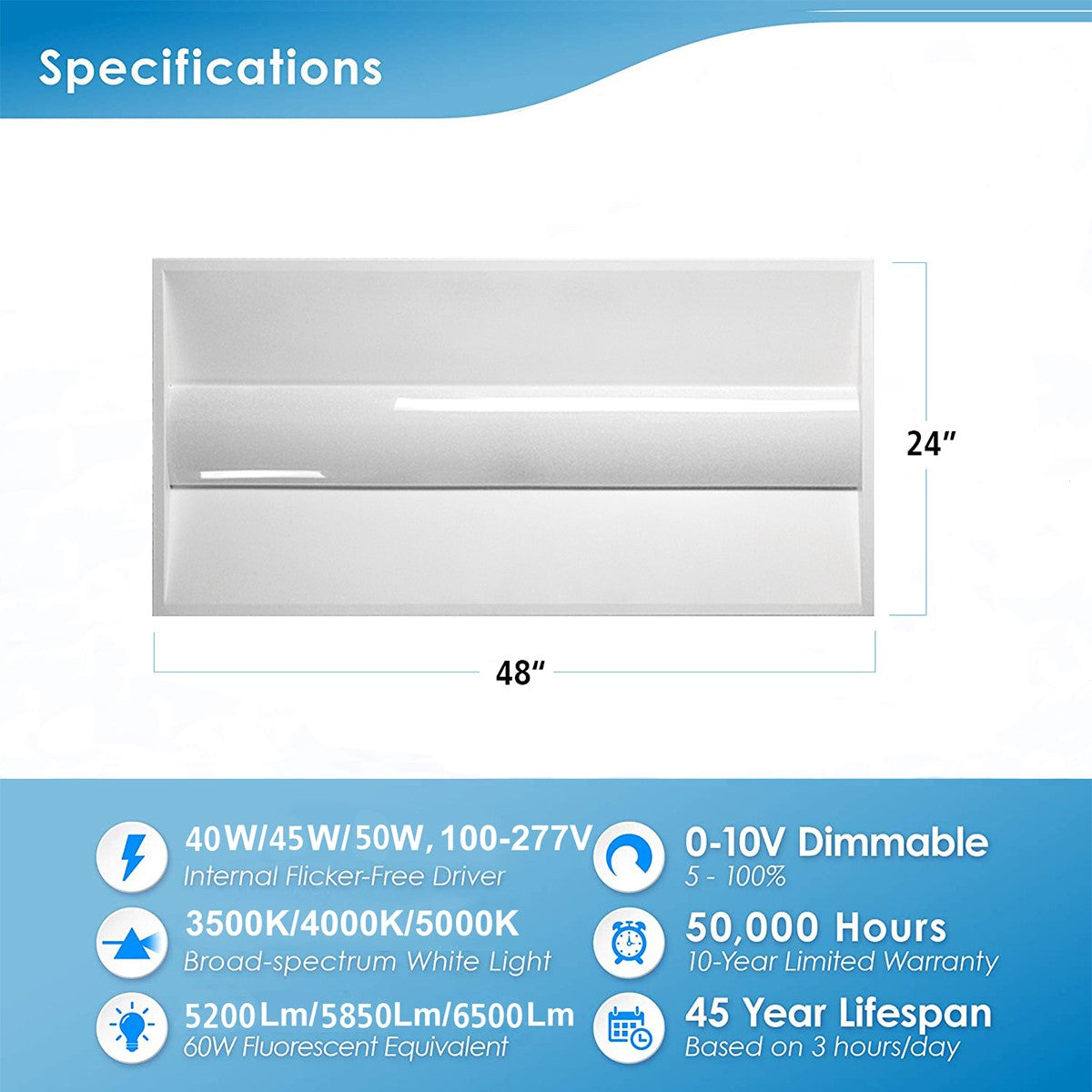 2x4 LED Troffer Light, 5500 Lumens, 30/50W, 30K/35K/40K/50K, 120/277V - Bees Lighting