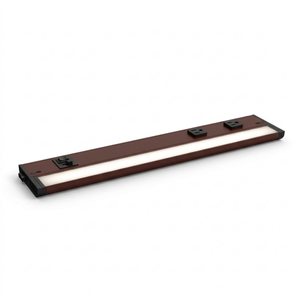 Bronze undercabinet LED light bar with two black outlet modules, 18-inch