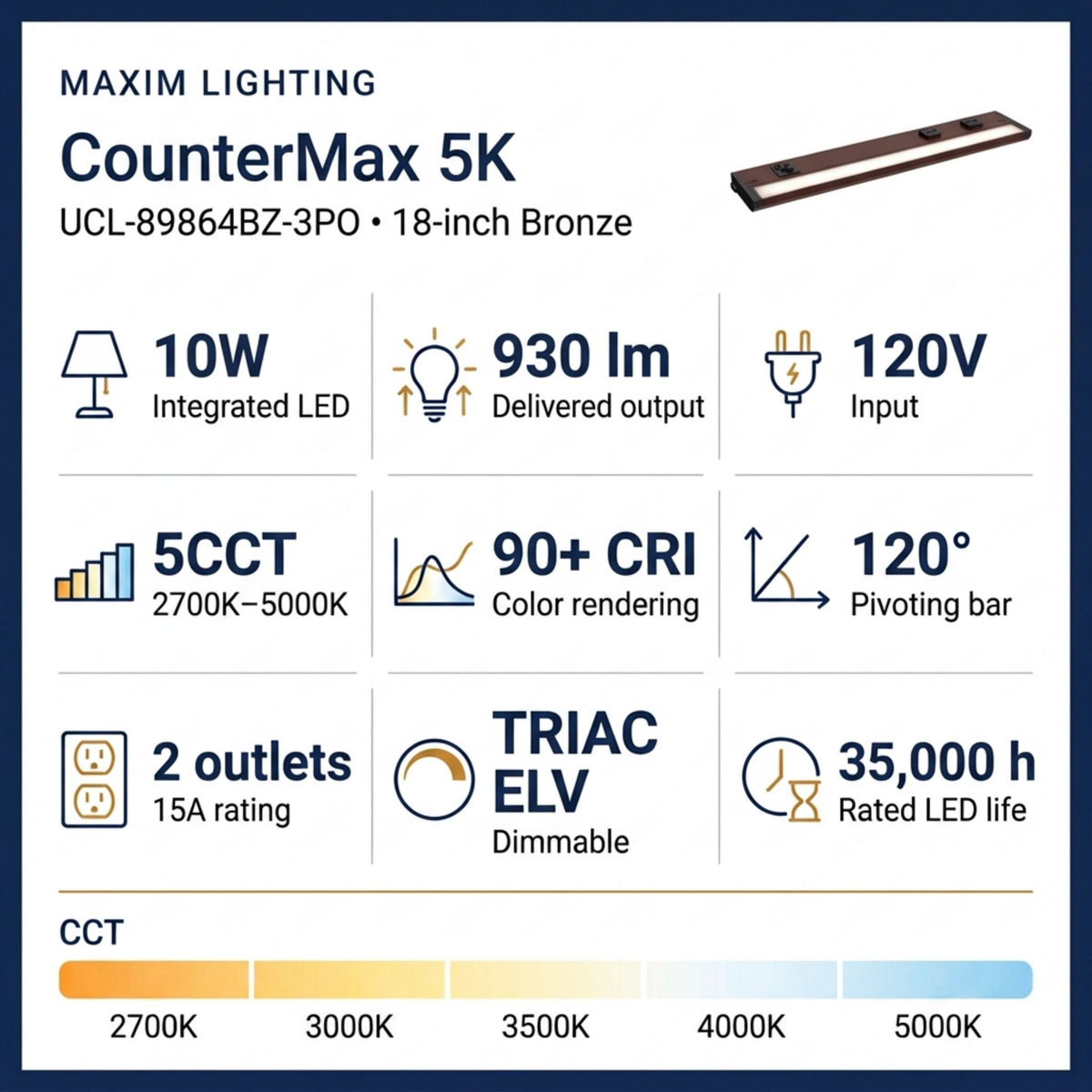 Bronze undercabinet LED light bar with 2 outlets and multi-CCT 2700–5000K