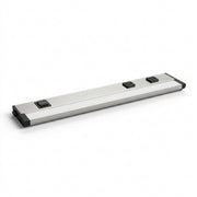 Satin nickel undercabinet LED light bar with two 3-prong outlets, 18-inch length