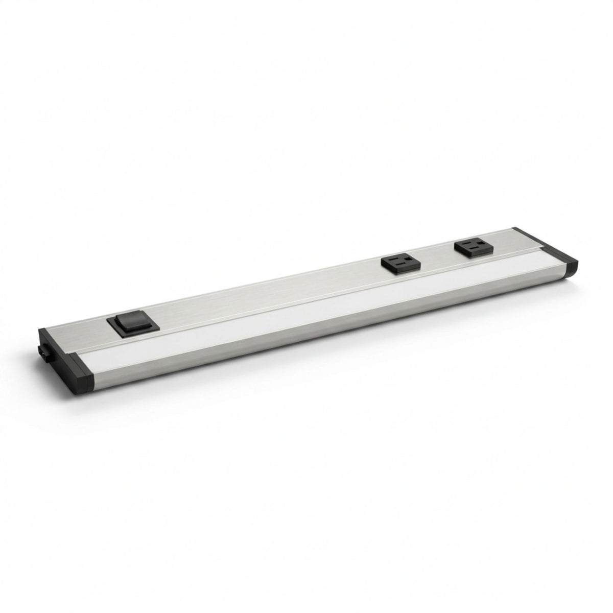 Satin nickel undercabinet LED light bar with two 3-prong outlets, 18-inch length