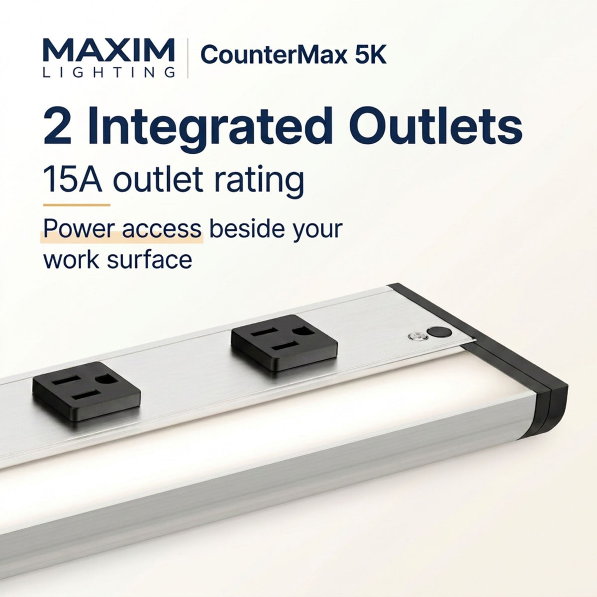 Satin nickel undercabinet LED bar with two integrated 3-prong outlets and side controls