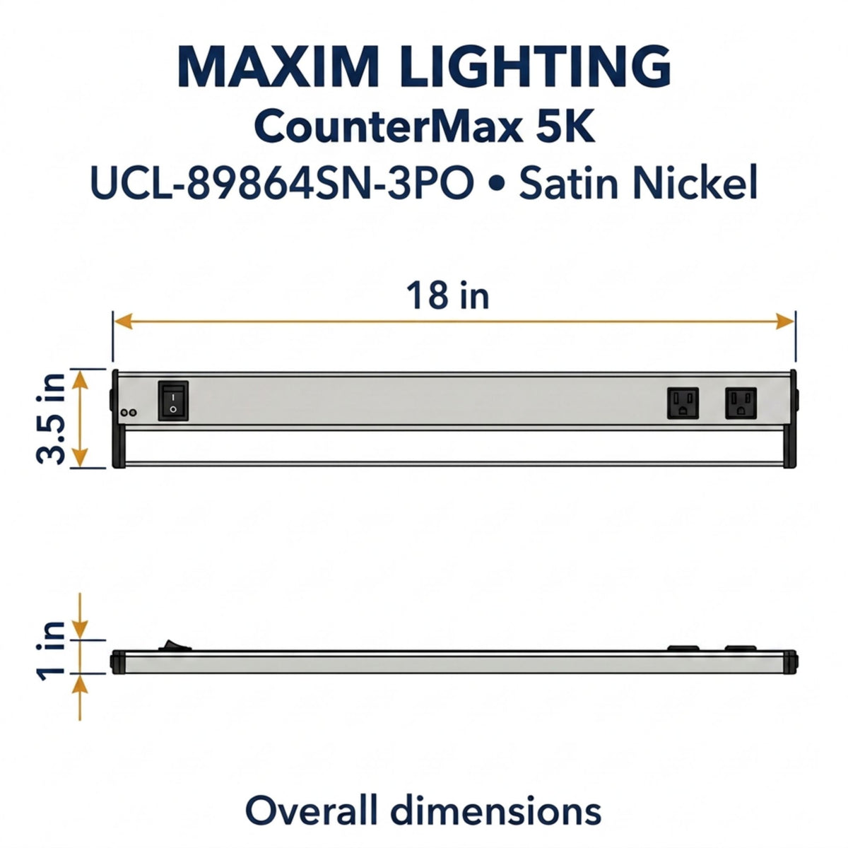Satin nickel undercabinet LED light bar with two outlets and overall dimension markings