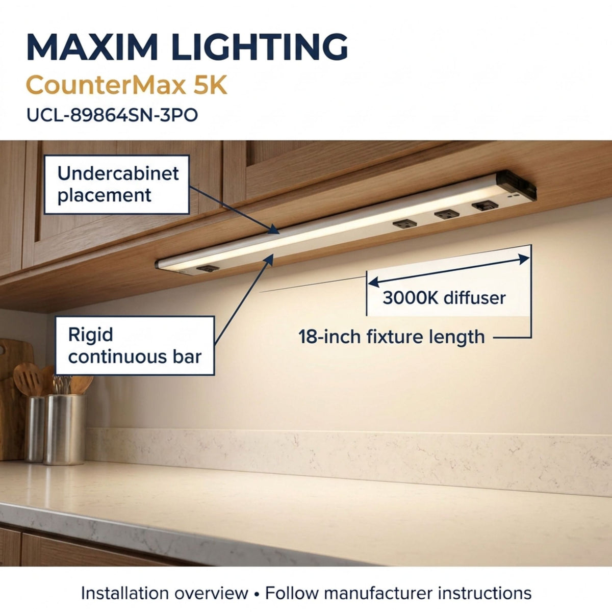 Satin nickel undercabinet LED bar mounted under cabinet, showing integrated outlets