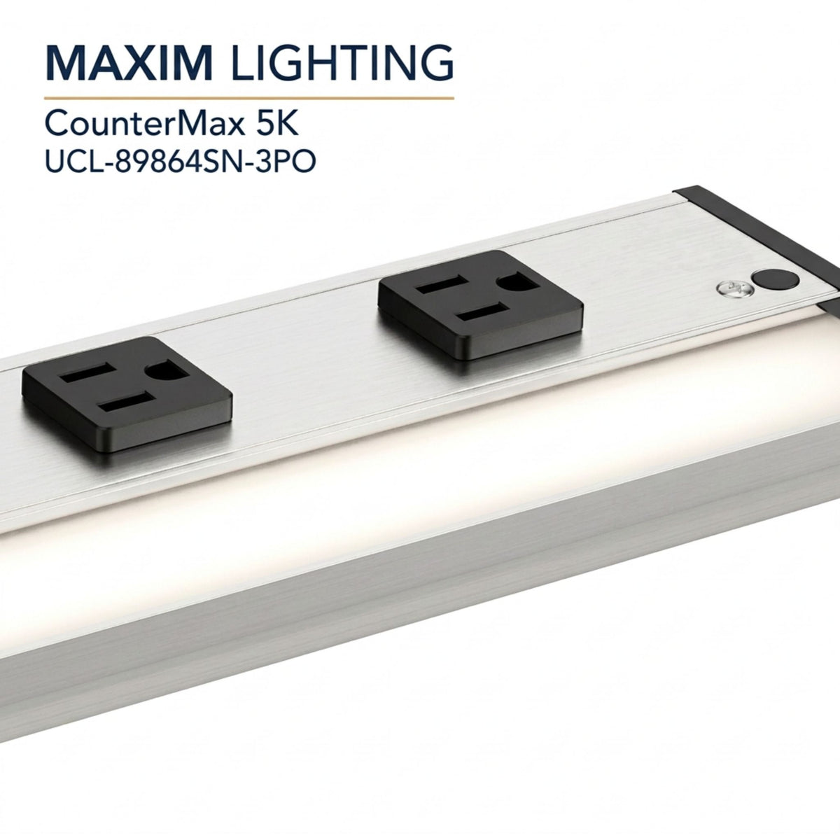 Satin nickel undercabinet LED light bar with two 3-prong outlets along the face