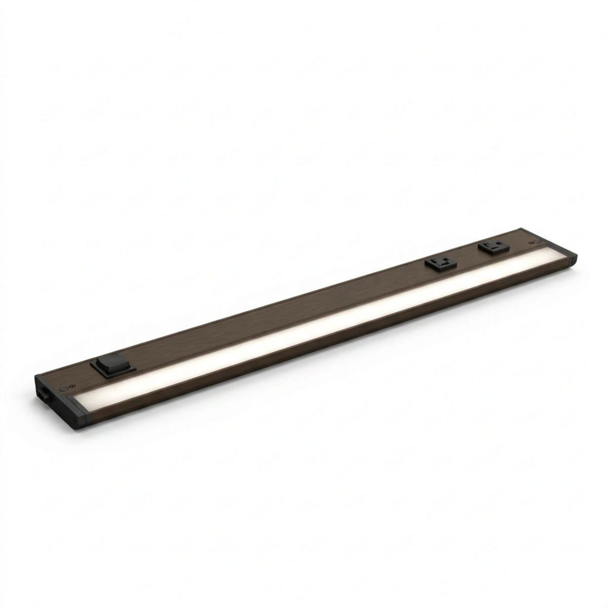 Bronze undercabinet LED light bar with two integrated outlets and control panel.