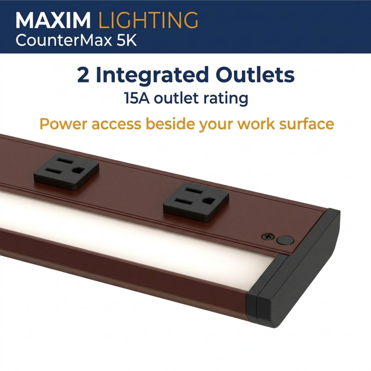Bronze undercabinet light bar with two integrated outlets along the housing.