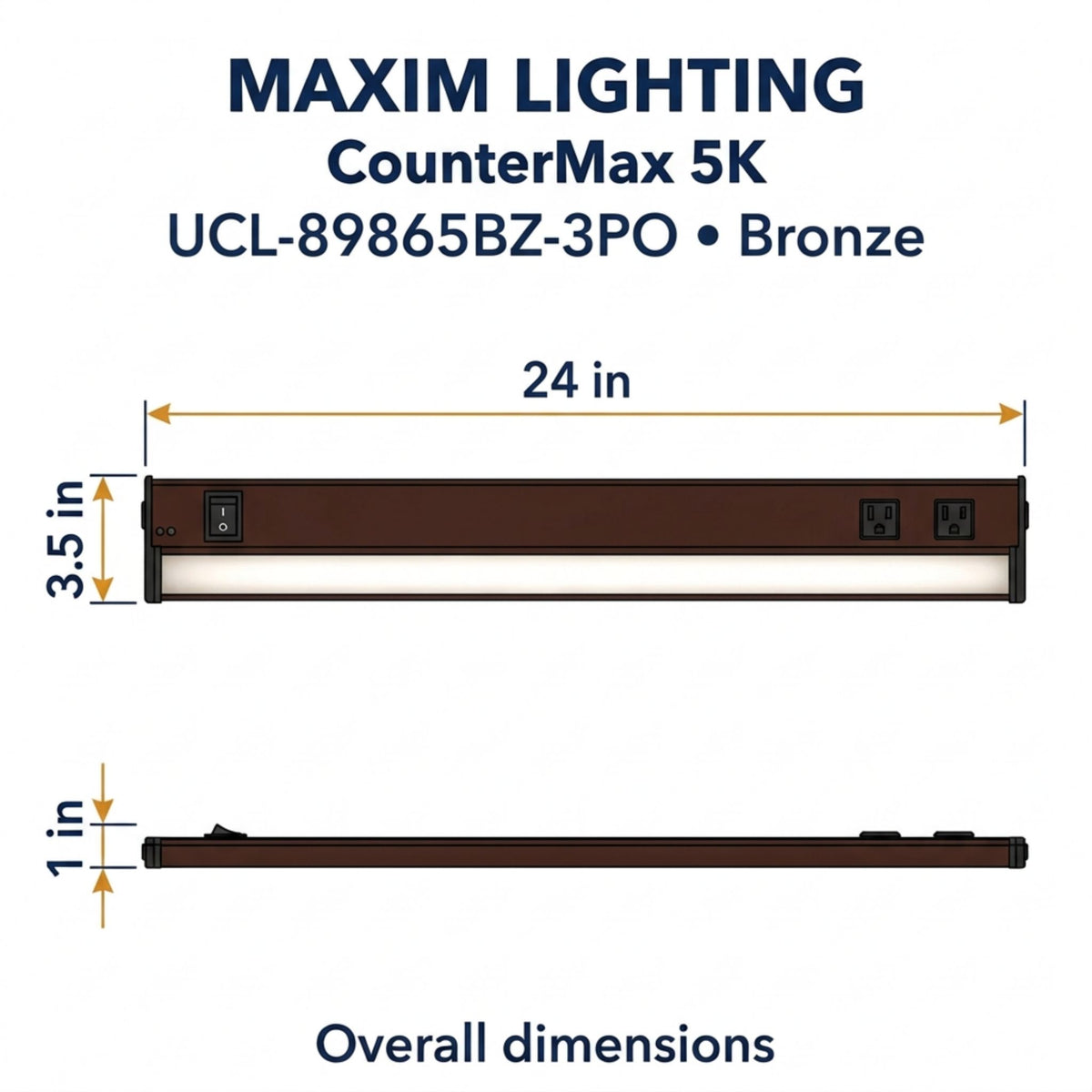 Bronze 24-inch undercabinet LED light bar with outlet compartments, side view.