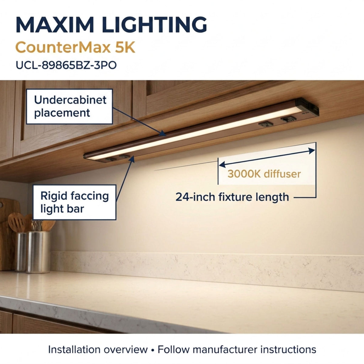 Bronze undercabinet LED light bar installed under a wooden cabinet with outlet plugs.