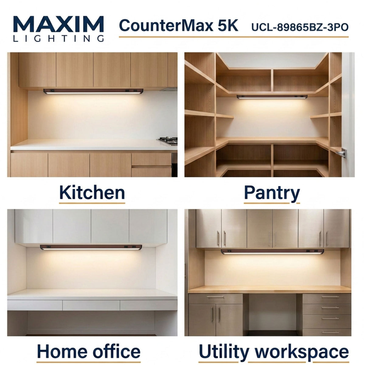 Under-cabinet LED light bar shown in kitchen, pantry, home office, and utility scenes.
