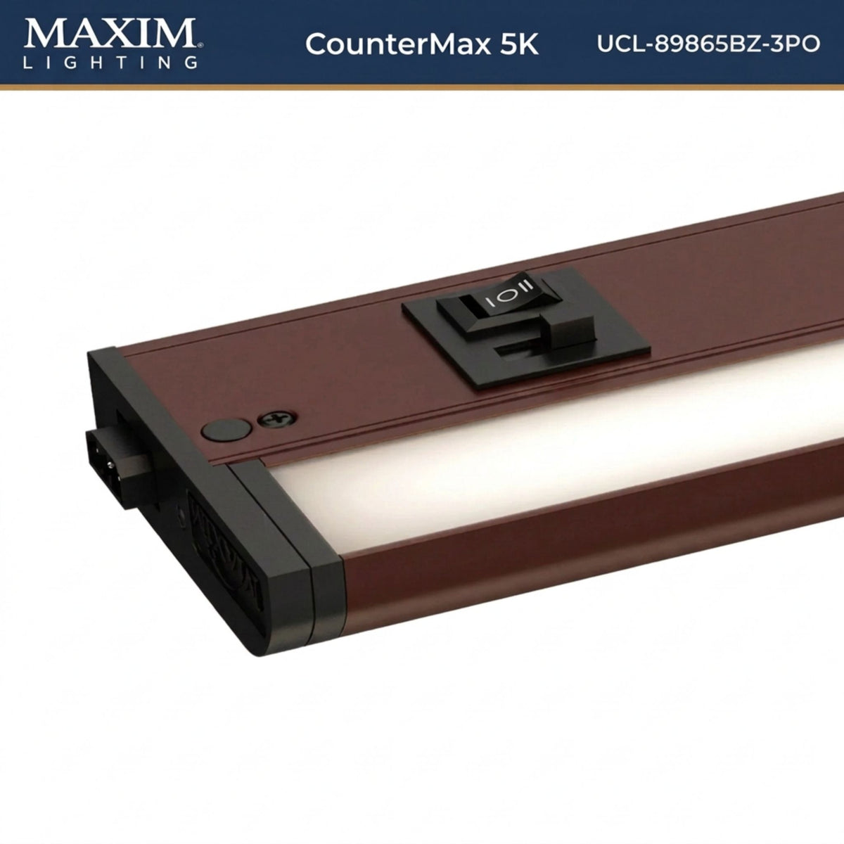 Bronze undercabinet LED light bar end view with dual outlet receptacles.