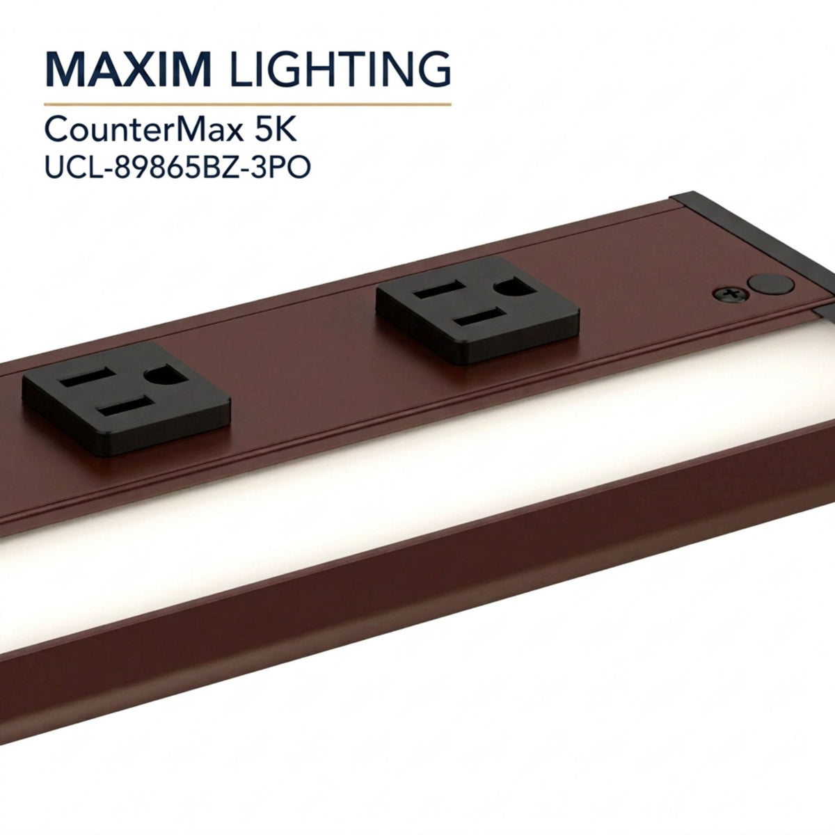 Bronze undercabinet LED light bar with two outlet receptacles and round control knob.