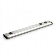 Undercabinet LED light bar with satin nickel housing and two integrated outlets