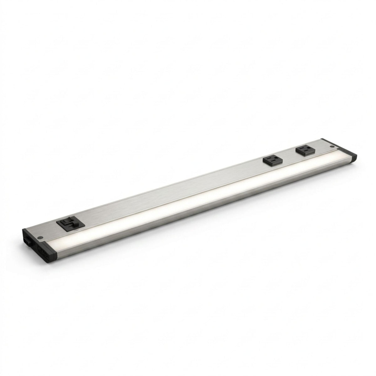 Undercabinet LED light bar with satin nickel housing and two integrated outlets