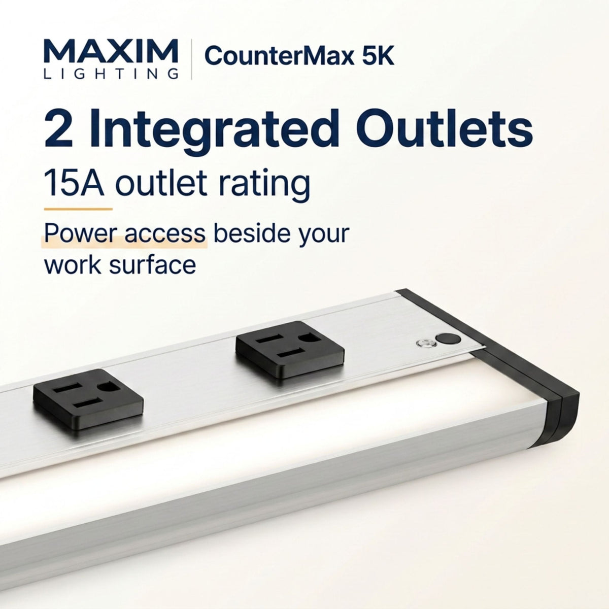 Undercabinet LED light bar with satin nickel face and two built-in electrical outlets