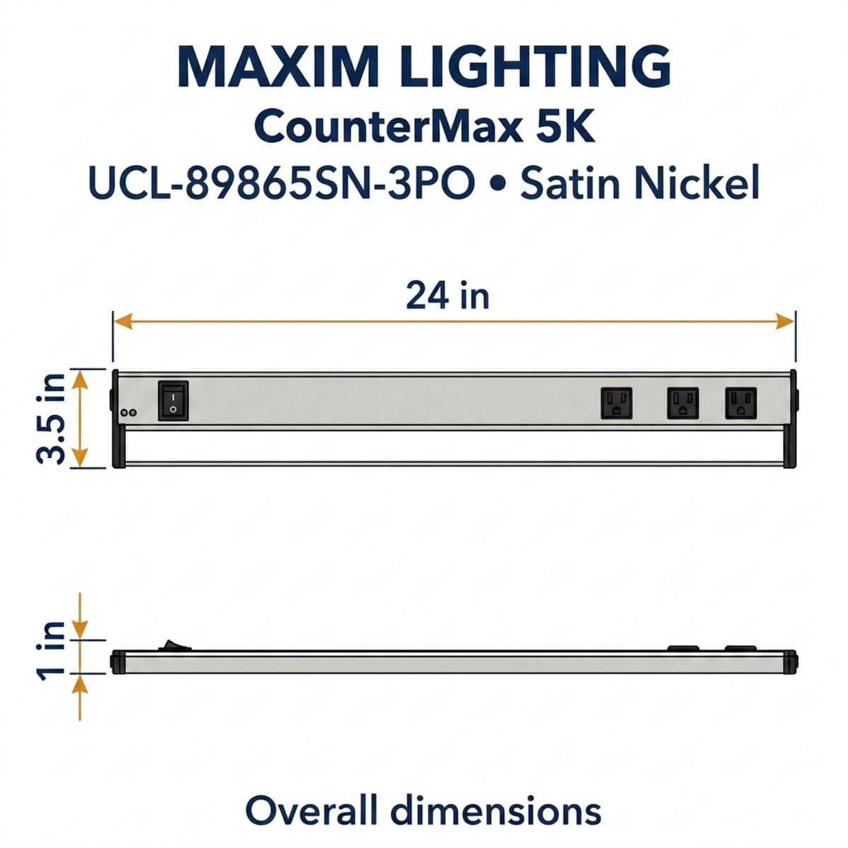 Undercabinet LED light bar dimensions, satin nickel with black outlet ends