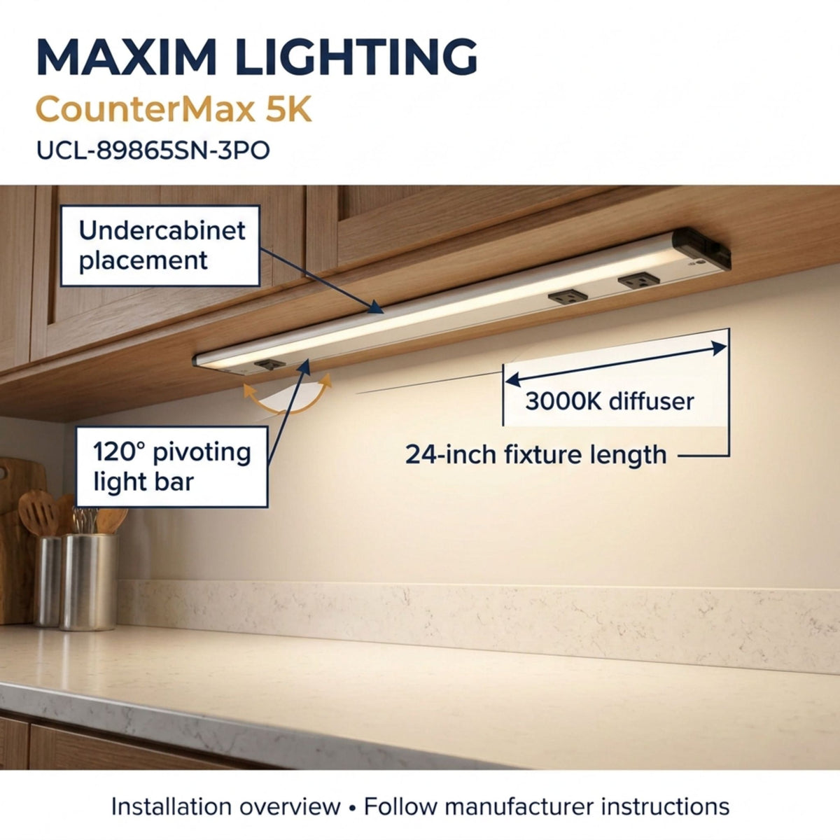 Undercabinet LED light bar installed under cabinet, satin nickel with pivoting light bar