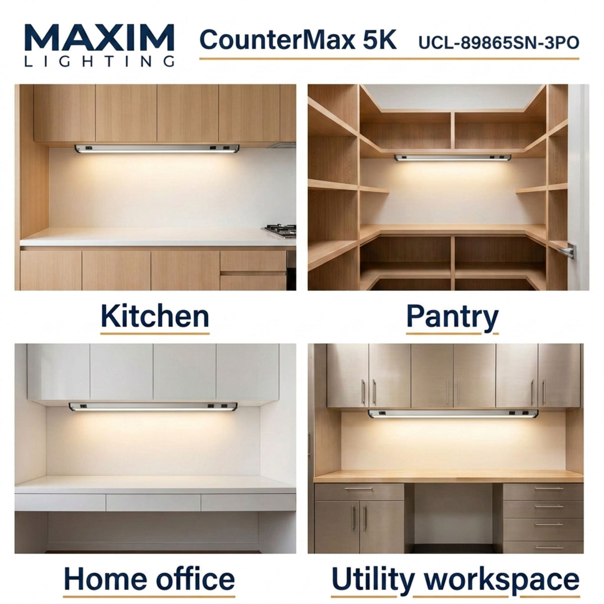 Undercabinet LED light bar with satin nickel housing shown installed under cabinetry