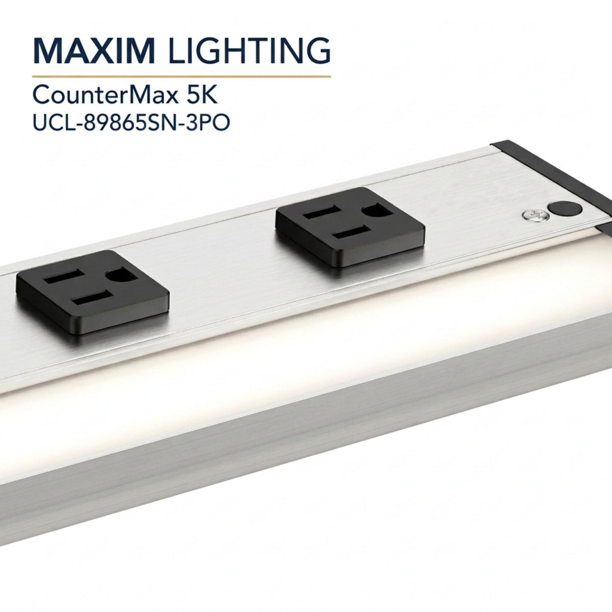 Undercabinet LED light bar with satin nickel panel, dual outlets, and control dial