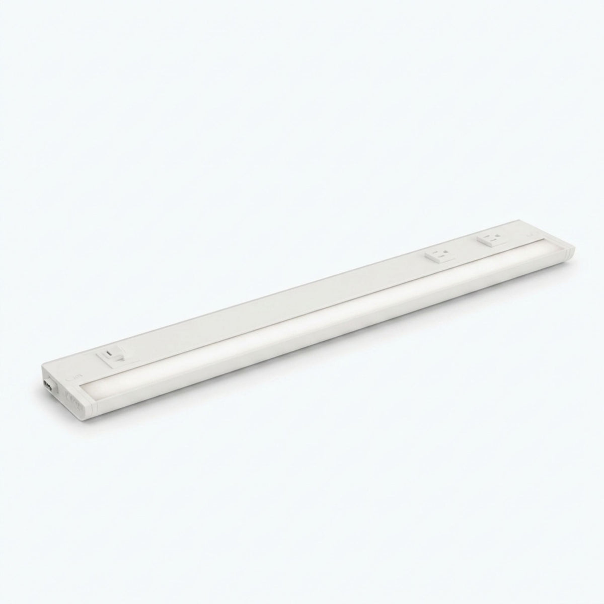 White undercabinet LED light bar with two 15A outlets and a rectangular control panel