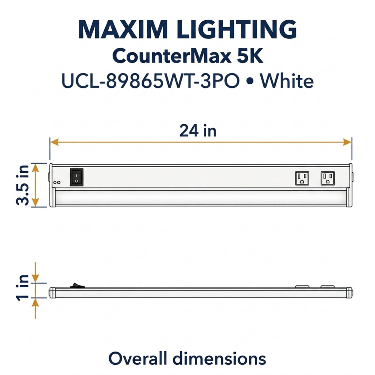 LED undercabinet light bar overall dimensions diagram, 24 in length and 3.5 in height