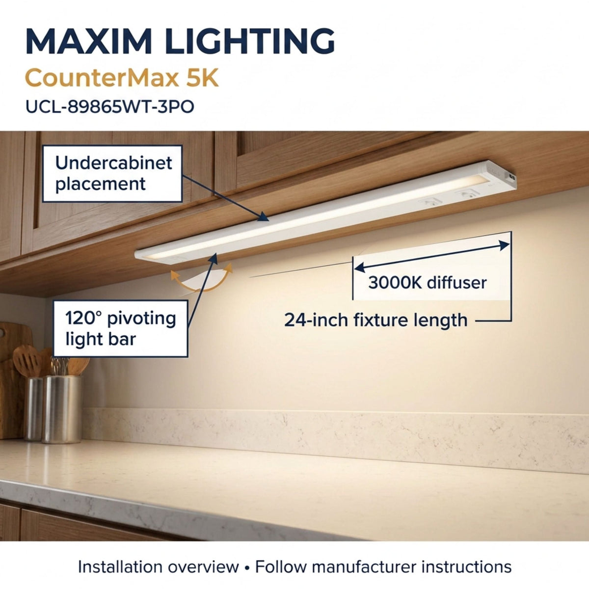 White undercabinet LED light bar installed under a wooden shelf with pivoting light