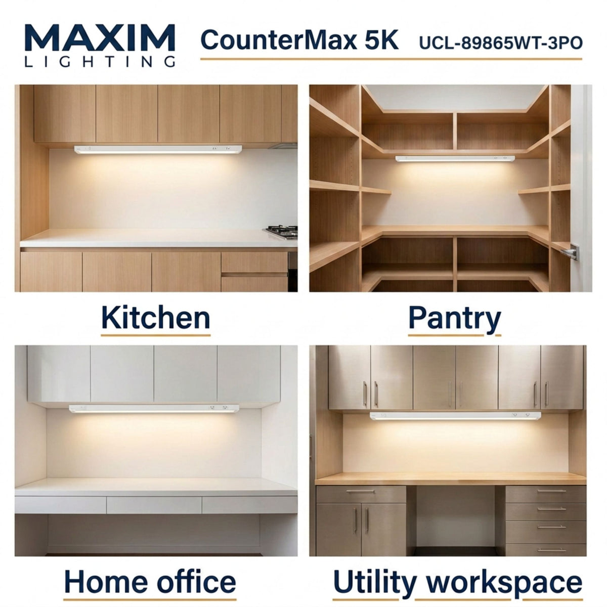 Under-cabinet LED light bar shown in kitchen, pantry, home office, and utility workspace