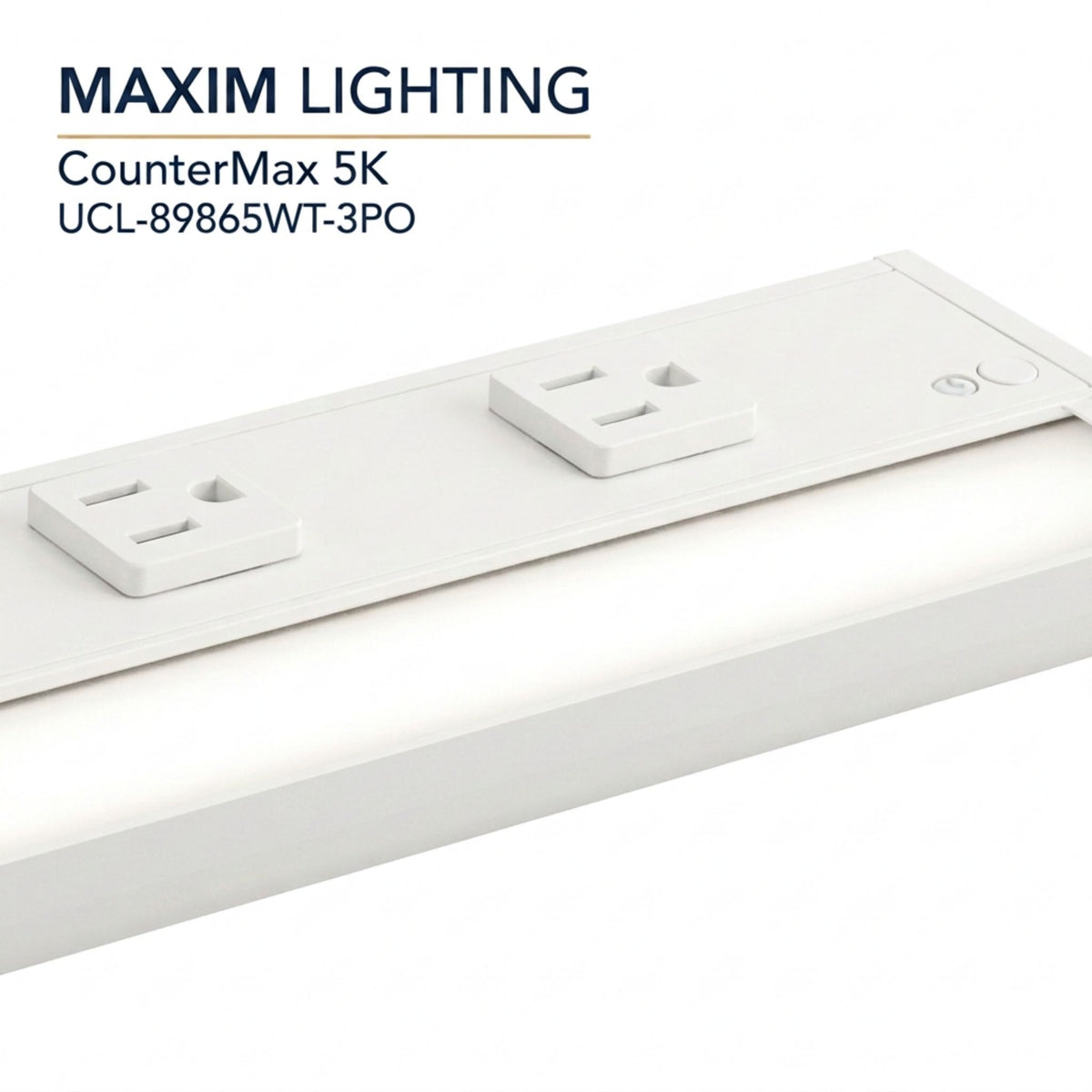 White undercabinet LED light bar with two outlet receptacles and rocker control buttons