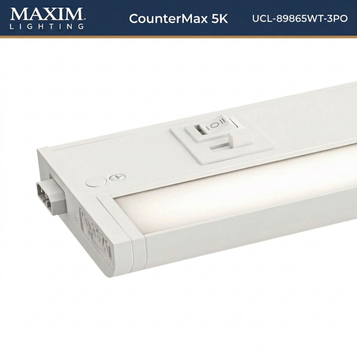 White undercabinet LED light bar end view with wiring compartment and outlet cover