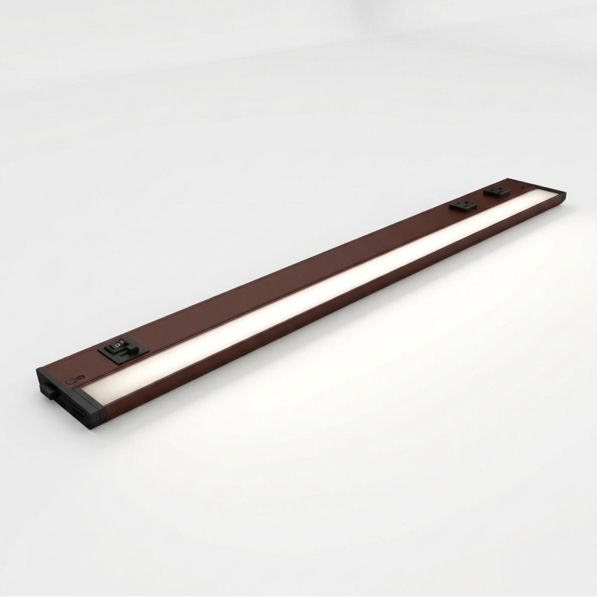 Bronze undercabinet LED light bar with two built-in outlets and dark end caps.