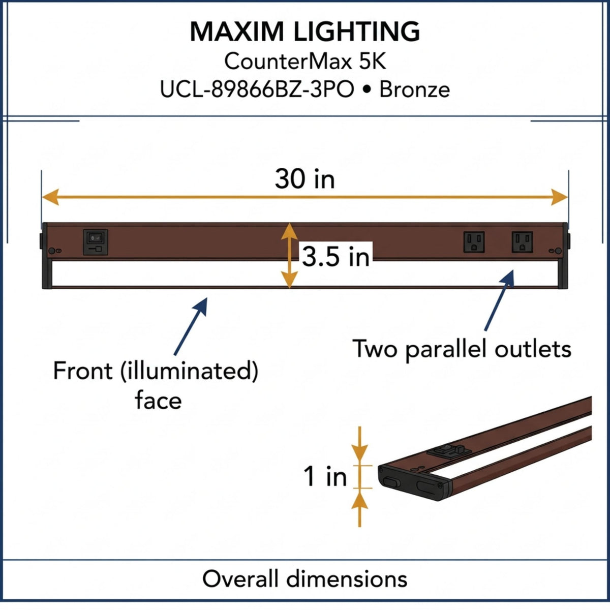 Dimension diagram of a bronze undercabinet LED light bar, 30 in long.