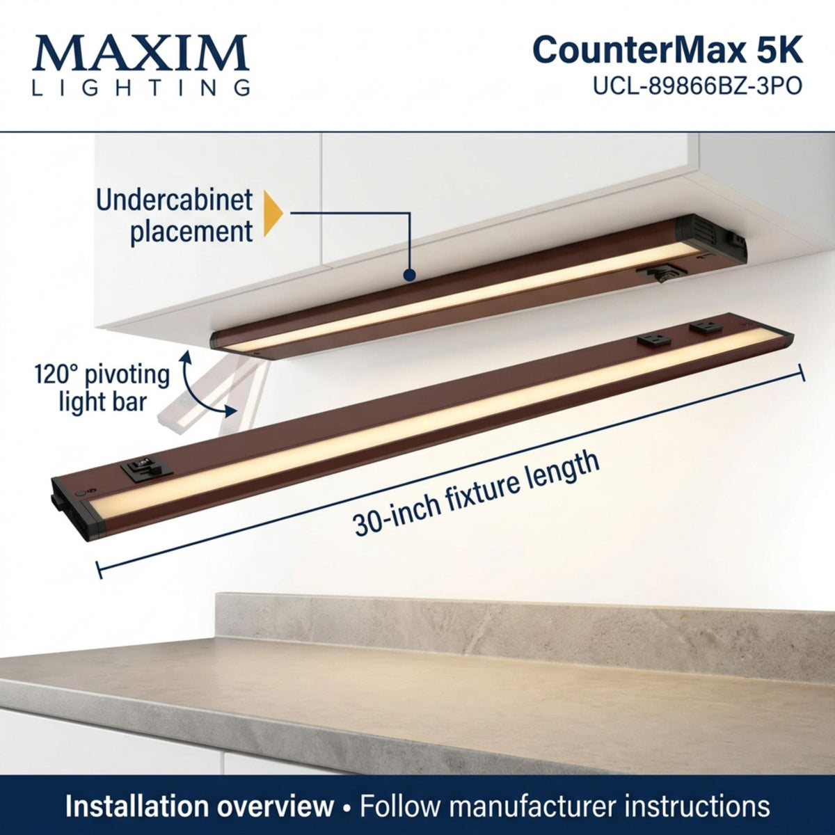 Bronze undercabinet LED light bar installed under a cabinet with 120° pivoting.