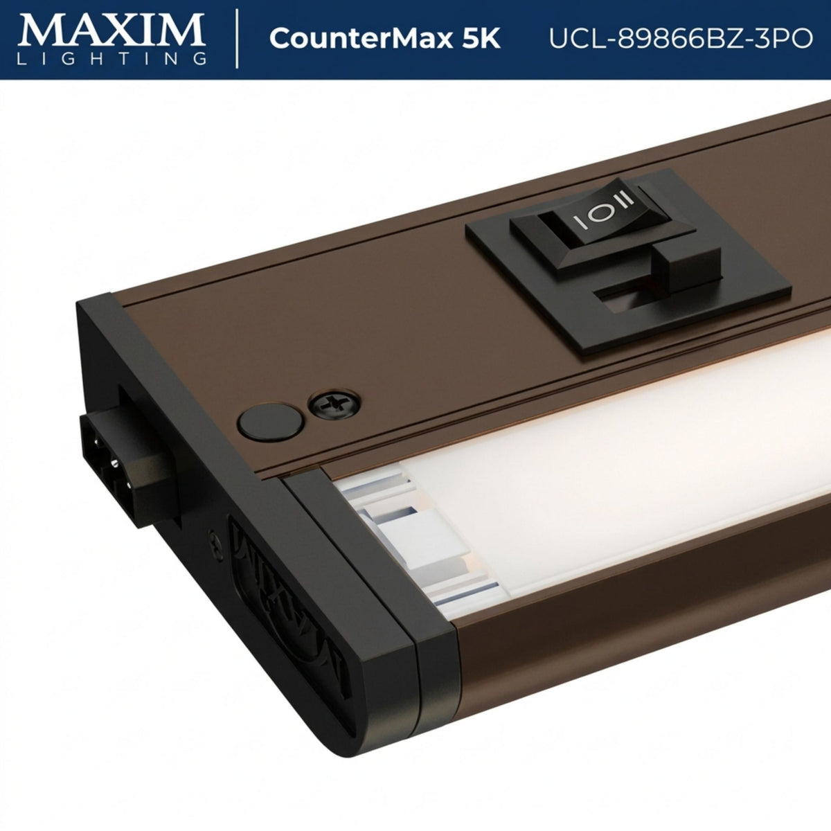 Bronze undercabinet LED light bar angled view with outlet openings and control dial.