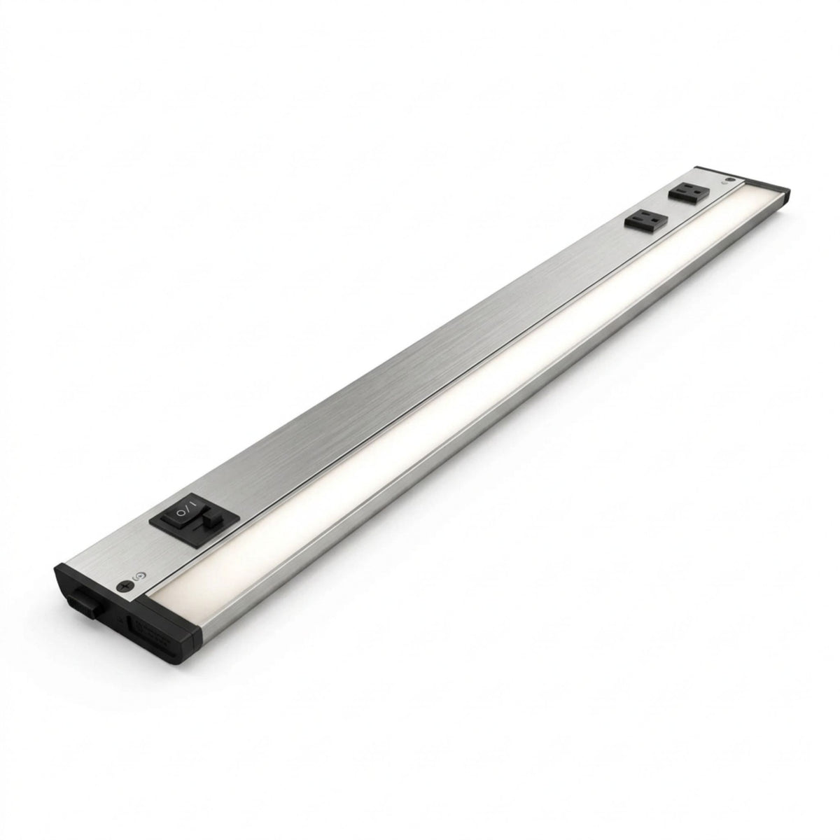 Satin nickel undercabinet LED light bar with two integrated outlets and power switch
