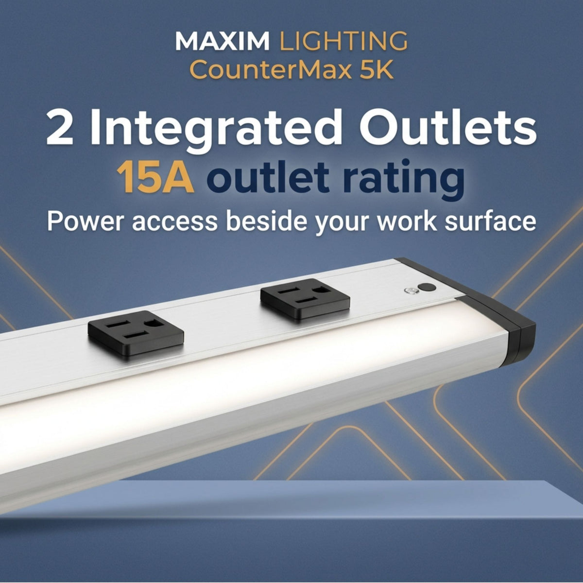Satin nickel undercabinet LED light bar featuring two integrated outlets on top