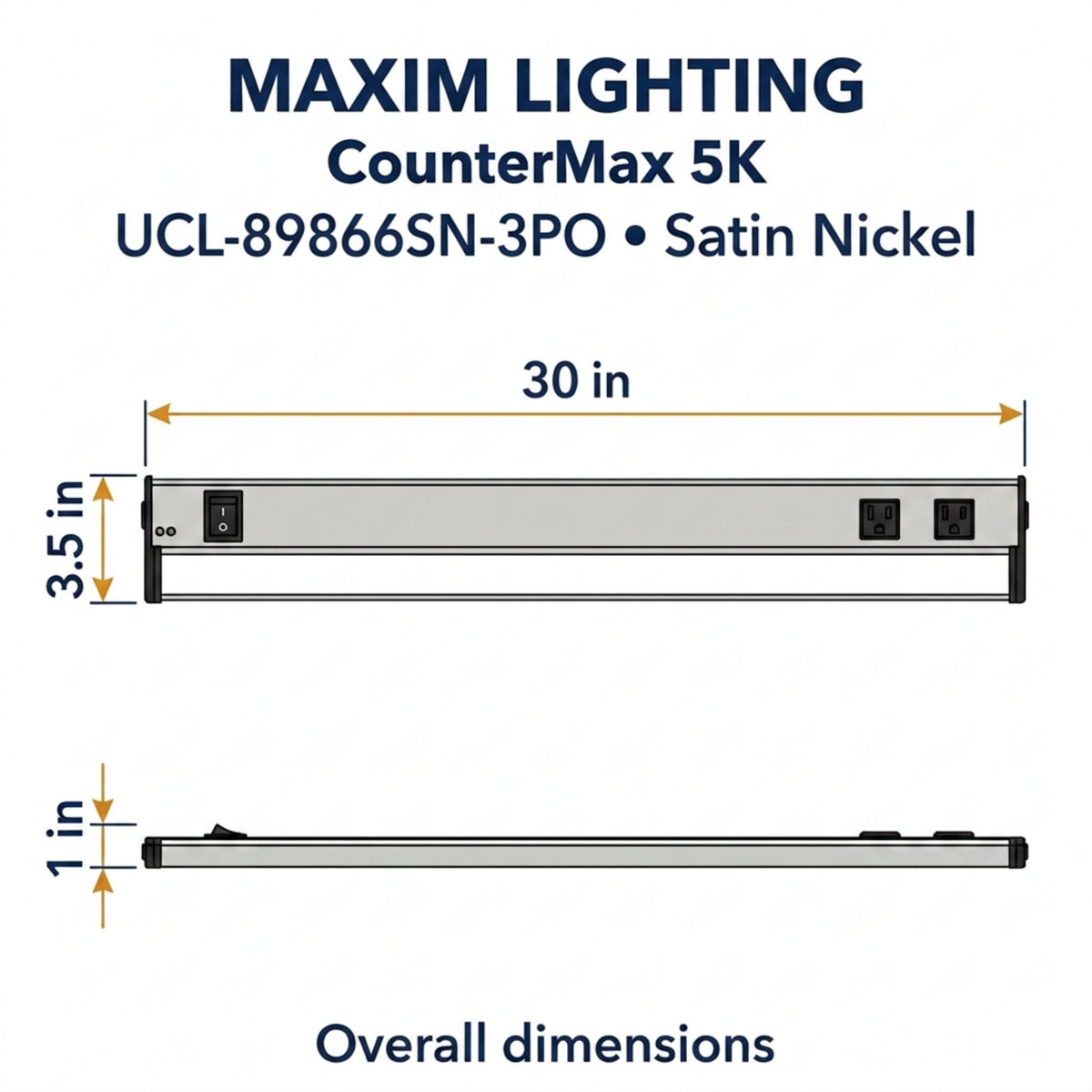 Satin nickel undercabinet LED light bar with built-in outlets, 30 in length