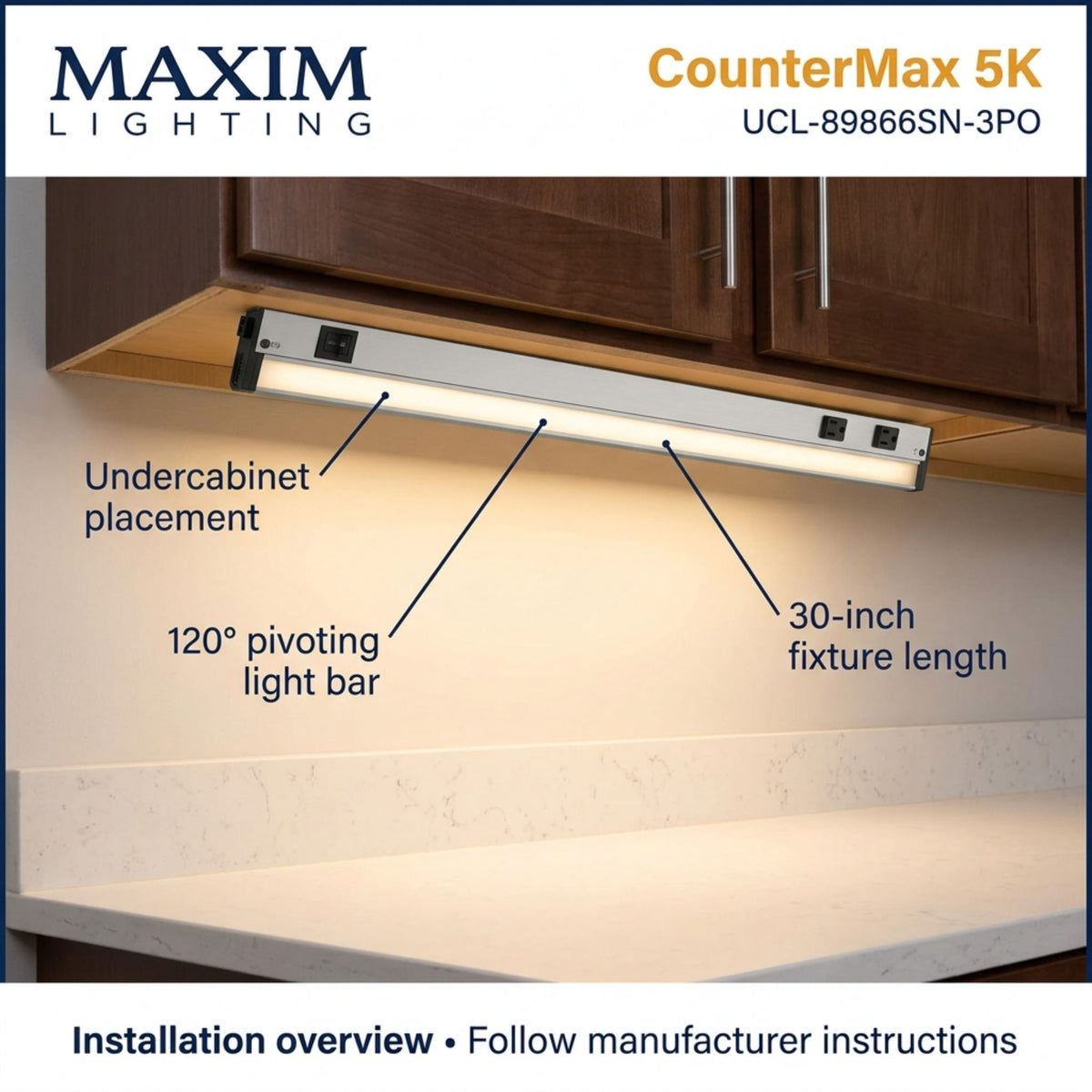 Undercabinet LED light bar installed under kitchen cabinets with two outlets