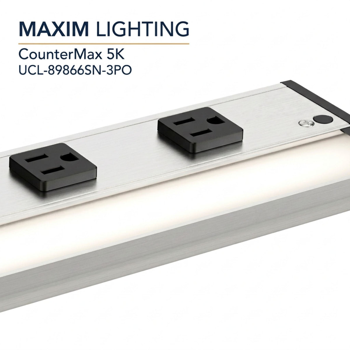 Satin nickel LED light bar with two black outlet modules and circular indicator